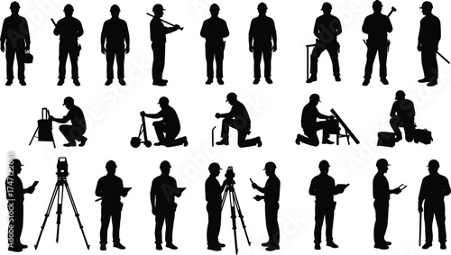 Black silhouette illustration of construction and surveying workers, tools and tripods in various poses, vector industrial scene, white background, engineering concept