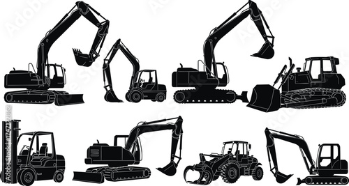 Black silhouette illustration of construction machinery set, excavators, bulldozer, forklift, backhoe loader, vector industrial equipment, white background, earthmoving concept
