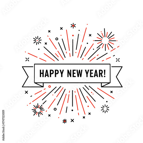 Happy New Year greeting with festive fireworks and decorations