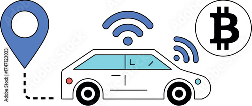 Vector art of autonomous car with bitcoin, gps, and wifi for future technology