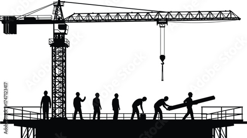 Black silhouette illustration of construction site with tower crane and workers, industrial teamwork scene, vector labor design, white background, engineering concept