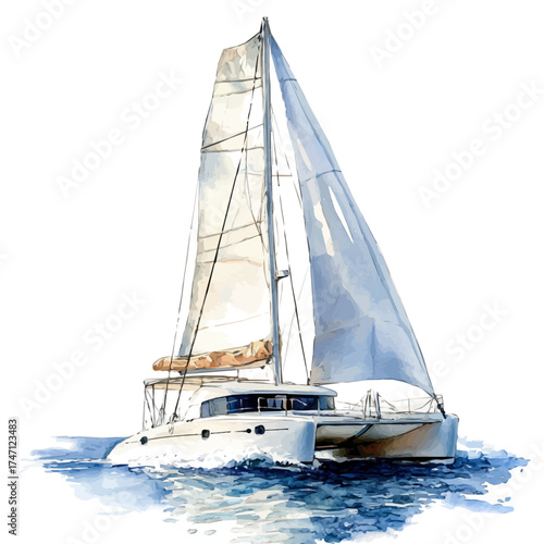 Catamaran, watercolor illustration vector, isolated on a white background.