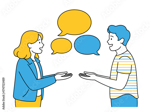 Vector art of two people talking with speech bubbles, representing communication and dialogue