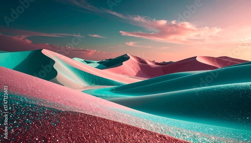Surreal pink aquamarine green shimmering sandy desert landscape