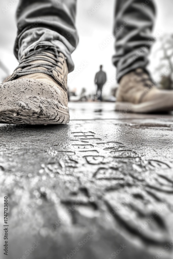 Naklejka premium Mud-covered sneakers on wet pavement with distant figure in urban setting