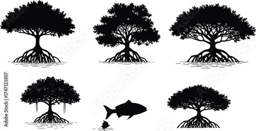 Mangrove tree silhouettes with roots, coastal nature design, fish underwater illustration, tropical ecosystem art, marine conservation background, environmental eco concept