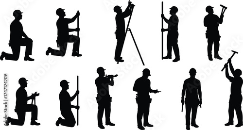 Black silhouette illustration of construction workers in action, tool usage and task poses, vector labor scene, white background, industrial job concept