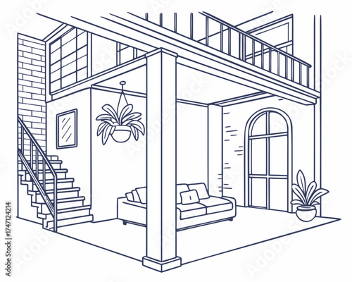 Isometric urban loft interior, vector line art of minimalist living room with mezzanine floor and stairs. Bohemian sketch featuring sofa and modern decor.