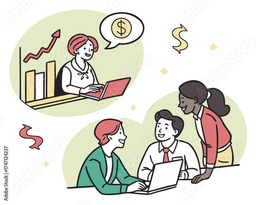 Business team, a cartoon of office workers discussing strategy and financial growth. Coworkers collaborating with laptops, depicting teamwork and success in a startup or project.
