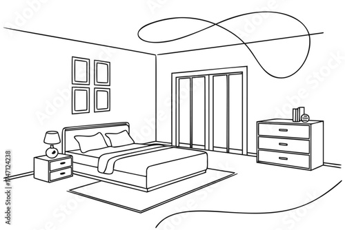 Minimalist bedroom interior, line art drawing of a modern room with a bed, wardrobe, and nightstands. Continuous line sketch of home decor with elegant furniture and framed pictures on the wall.