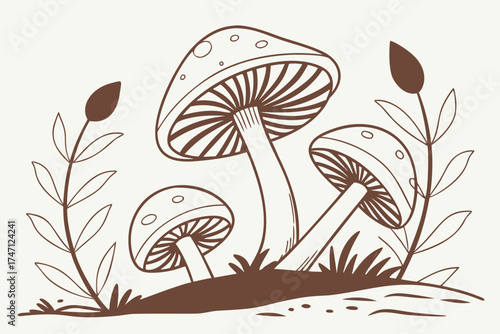Mushroom line art, contemporary stylized toadstools and plants growing in the ground. Minimalist nature design of wild fungus for a botany or fantasy theme.