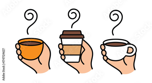 Hand Holding Takeaway Cup with Hot Drink and Steam Swirl – Perfect Simple Vector Illustration in Colored Style Isolated on Transparent Background for Marketing Design