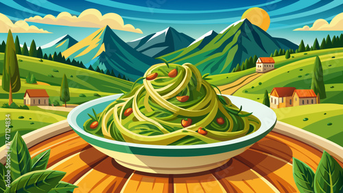 Very beautiful close-up pasta dish with vibrant green pesto sauce set against a scenic view, vector-style illustration highlighting Italian cuisine, natural textures, and elegant Mediterranean atmosph