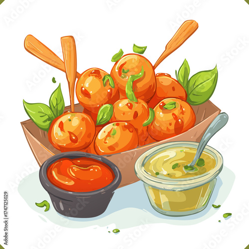 Vector illustration of Korean tteokbokki spicy rice cakes with sauce and garnish isolated on a white background