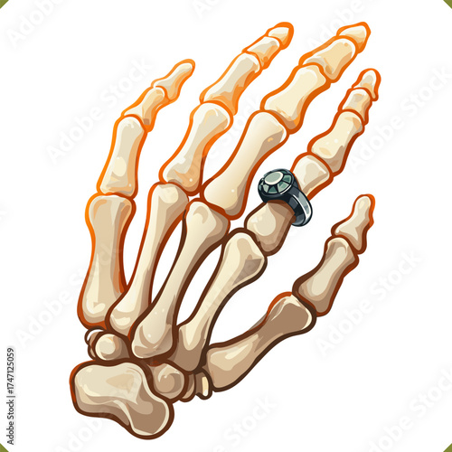 Vector illustration of human skeleton hand with gemstone ring, spooky Halloween style, isolated on a white background