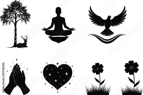 Silhouette collection, tree with deer, meditation yoga pose, flying bird, prayer hands, heart shape, flower design, spiritual nature art