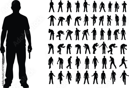 Black silhouette illustration of five construction workers, tool belts and gear, varied postures and roles, vector labor design, white background