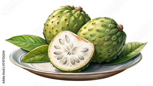 Delicious Atemoya Fruit on Plate with Leaves in a Watercolor Style