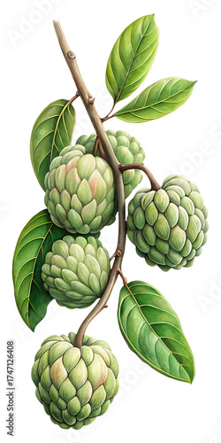 Elegant Watercolor Painting of Fresh Sugar Apples Hanging from a Branch