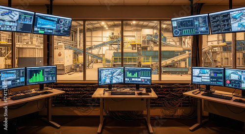 Control Room with Multiple Monitors Overlooking a Recycling Factory