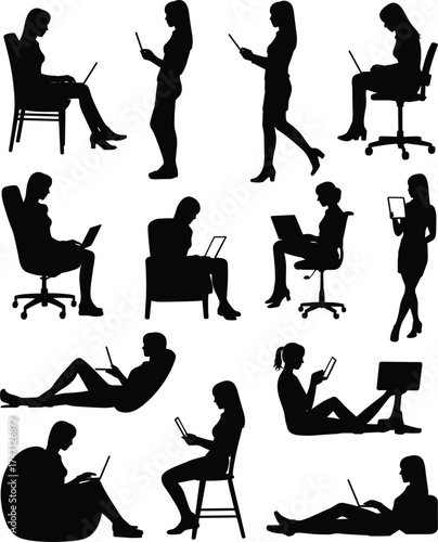 Black silhouette illustration of people using laptops and tablets, various postures and devices, vector tech lifestyle drawing, white background, modern habits