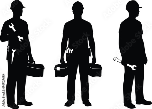 Black silhouette illustration of technicians with toolboxes and tools, hard hats and work belts, vector labor scene, white background, repair concept