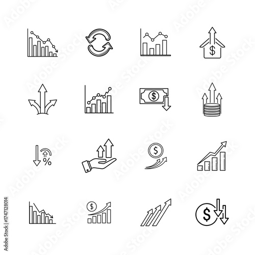 Financial Growth and Decline Line Icons: Market Chart, Profit, Loss & Investment Graph