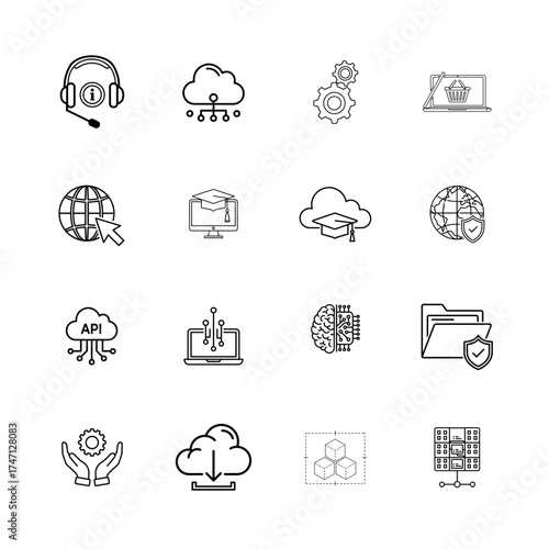 Technology and Data Line Icons Set: Analysis, Network, 5G, and Digital Business Vector