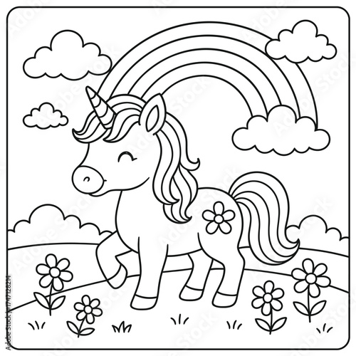 A coloring page of a cute unicorn with a rainbow and flowers in a simple line drawing
