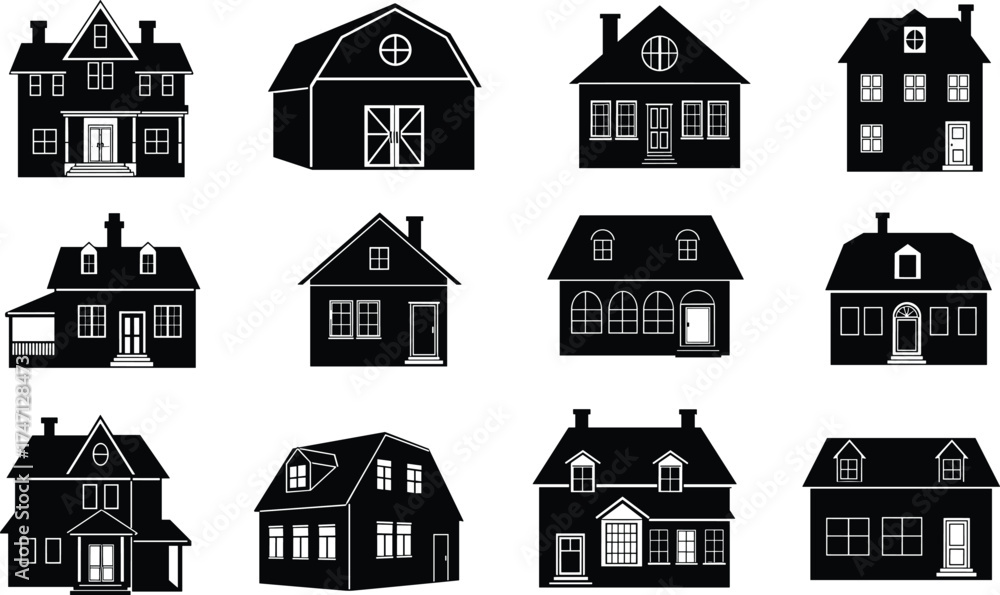 Fototapeta premium Black silhouette illustration of various house designs, residential architecture styles in grid layout, vector building icons, white background, real estate concept