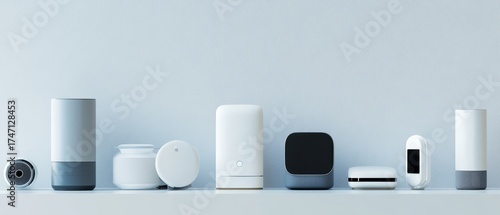 Variety of modern smart home devices and gadgets arranged on a clean white surface, showcasing the latest in home automation technology