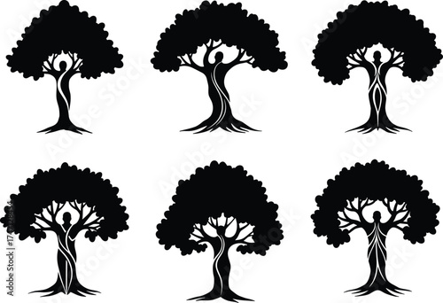 Tree of life silhouette, yoga tree design, meditation symbol, human nature balance, spiritual growth, abstract vector illustration, wellness harmony art