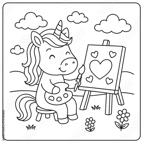 A cute unicorn painting hearts on a canvas while sitting on a stool in a line art style
