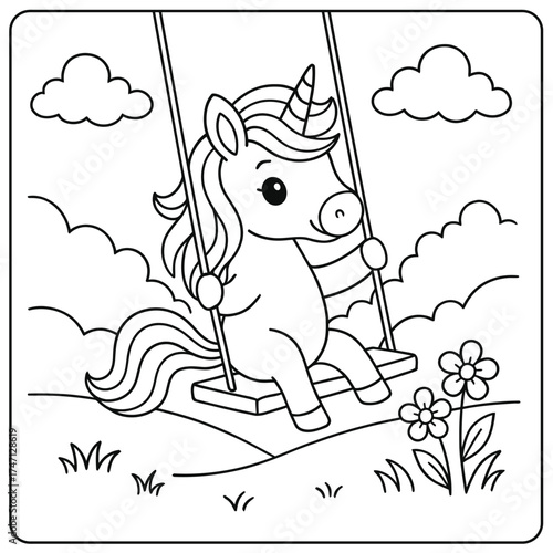 Cartoon unicorn swinging on a swing with clouds and flowers in a black and white drawing
