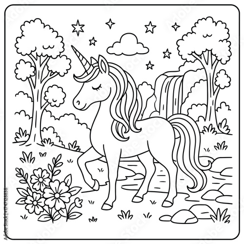 A unicorn stands in a forest with flowers, a waterfall, stars, and clouds in outline