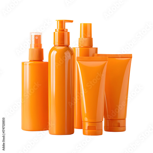 Collection of orange colored cosmetic bottles and tubes for skincare and sun protection isolated on transparent background