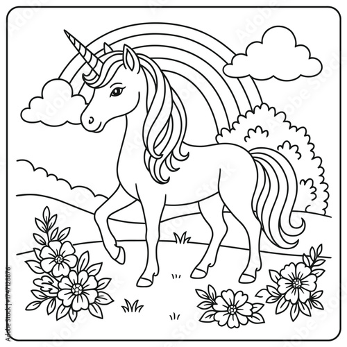 Outlined unicorn standing in a field with flowers and a rainbow in the background