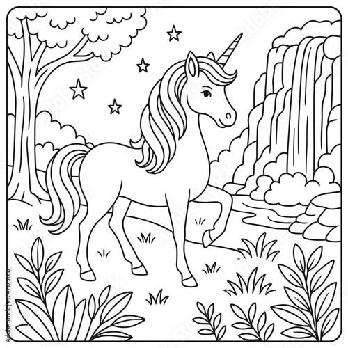 A unicorn in a magical forest with a waterfall and stars coloring page illustration