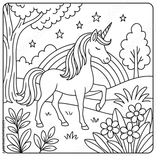 A coloring page of a unicorn in a whimsical landscape with stars and a rainbow above