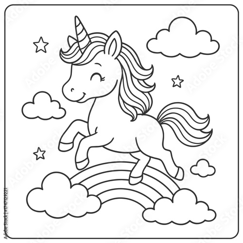 Outline drawing of a unicorn jumping over a rainbow with clouds and stars around it