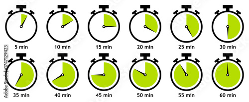 Collection of stopwatch icons showing countdown times from 5 to 60 minutes with bright green segments. Vector illustration.