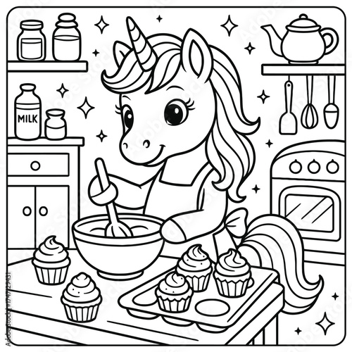 A delightful coloring page of a unicorn baking cupcakes in a well equipped kitchen