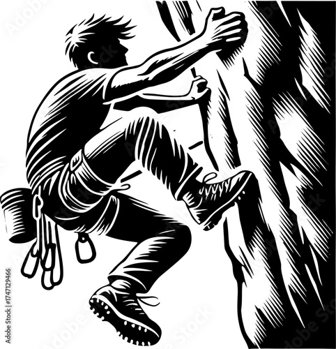 Male Mountain Climber On A Cliff Face, Black And White Silhouette