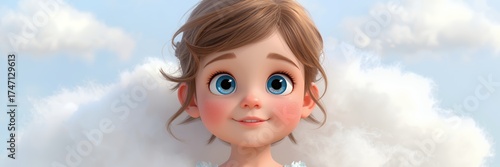 Close up animated girl with blue eyes and soft smile