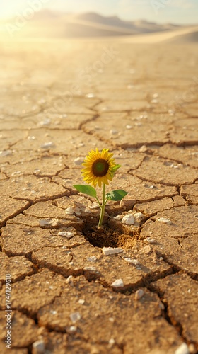 A Single Sunflower Blooms in the Arid Desert Landscape Showing Resilience