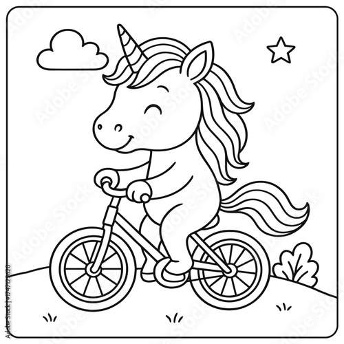 A cute unicorn riding a bicycle with a cloud and a star in a black and white drawing