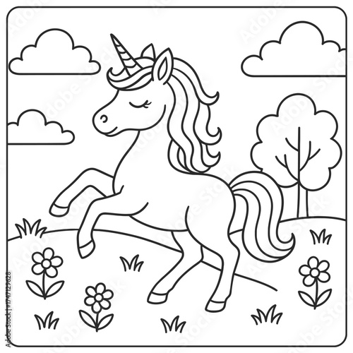 A line art drawing of a unicorn standing in a field with flowers and trees and clouds