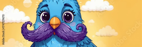 Whimsical Blue Bird with a Curly Purple Mustache and Big Eyes