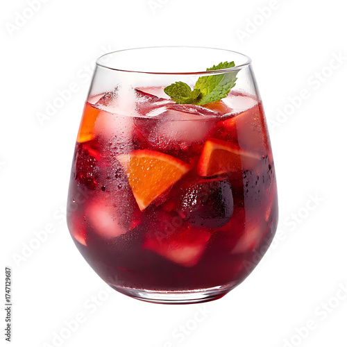 A refreshing sangria in a glass with ice cubes orange slices and a mint garnish on a black background