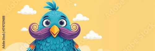 Whimsical blue bird with curly mustache floats among clouds